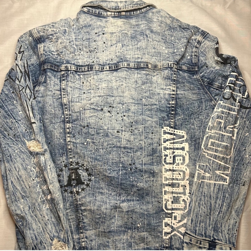 Smoke Rise Denim Jacket Mens L Blue Acid Wash Distressed Paint Splatter‎ Graphic - Picture 3 of 9
